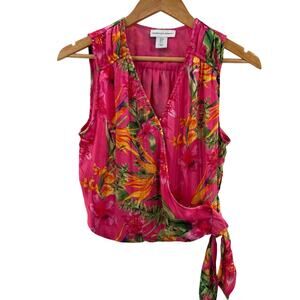 Cupcakes and Cashmere Hot Pink Metallic Detail Tropical Floral Faux Wrap Top S